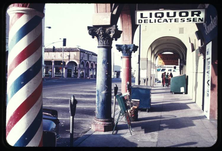 Painted columns along a sidewalk, Venice, Calif., ca. 1973